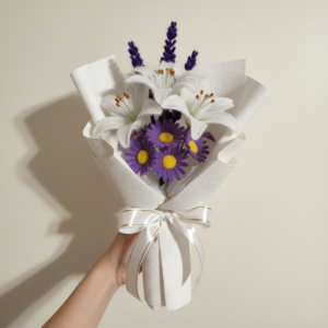 Pure Elegance – Handmade Lily & Lavender Fuzzy Wire Bouquet