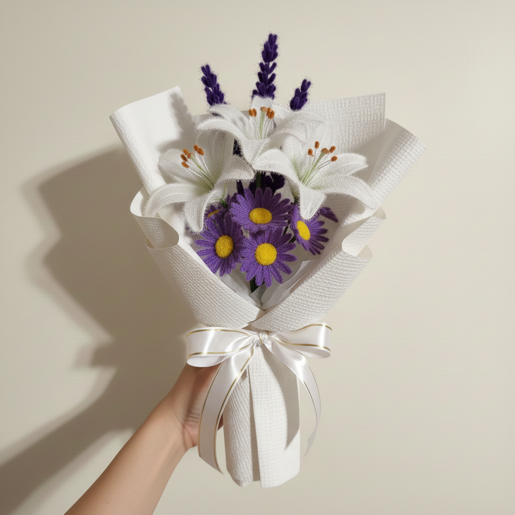 Pure Elegance – Handmade Lily & Lavender Fuzzy Wire Bouquet